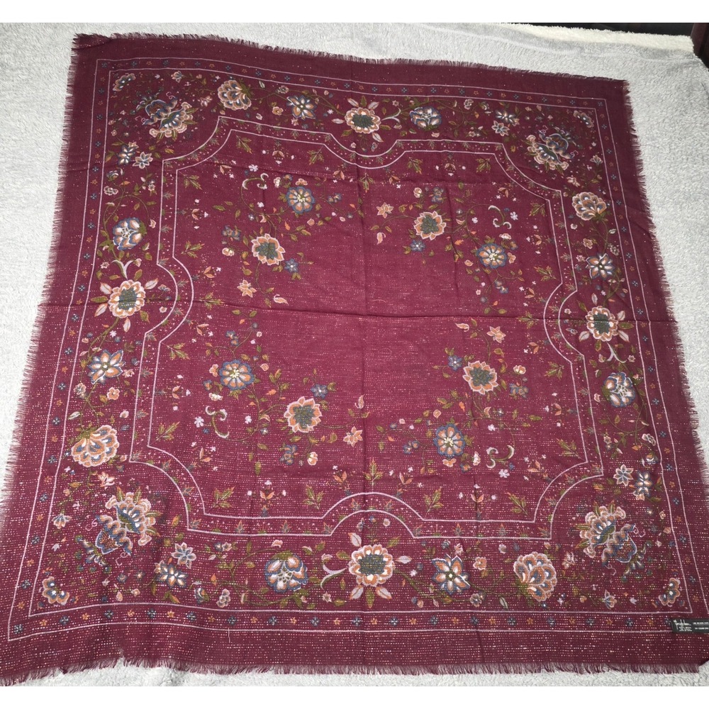 Specialty House Wool Scarf Womens OS Burgundy Excellent Floral Metallic Vintage